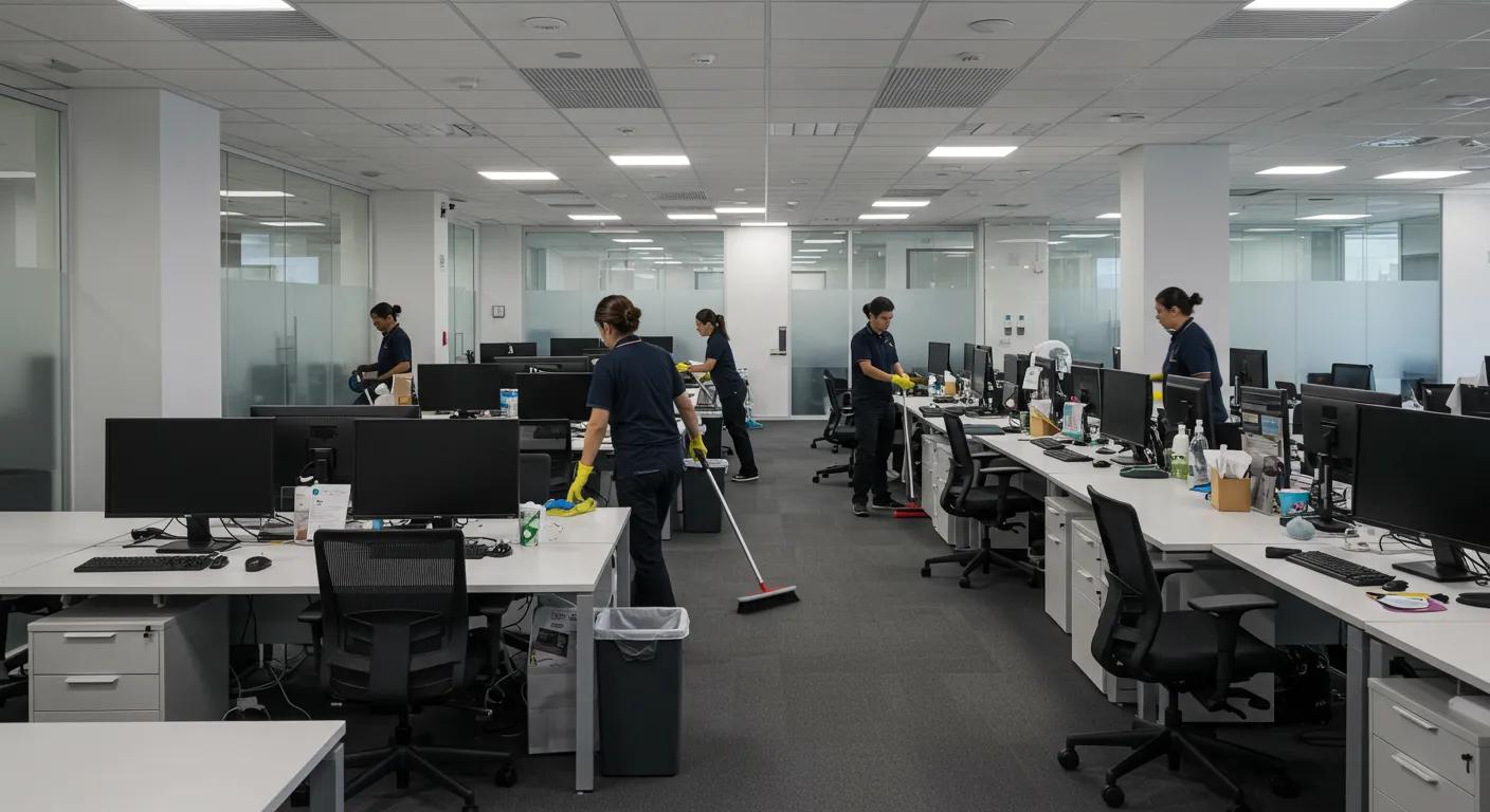 a bustling modern office interior, featuring a professional cleaning team in action, using efficient tools to meticulously clean desks and common areas, showcasing the importance of hygiene and organization in a corporate workspace.