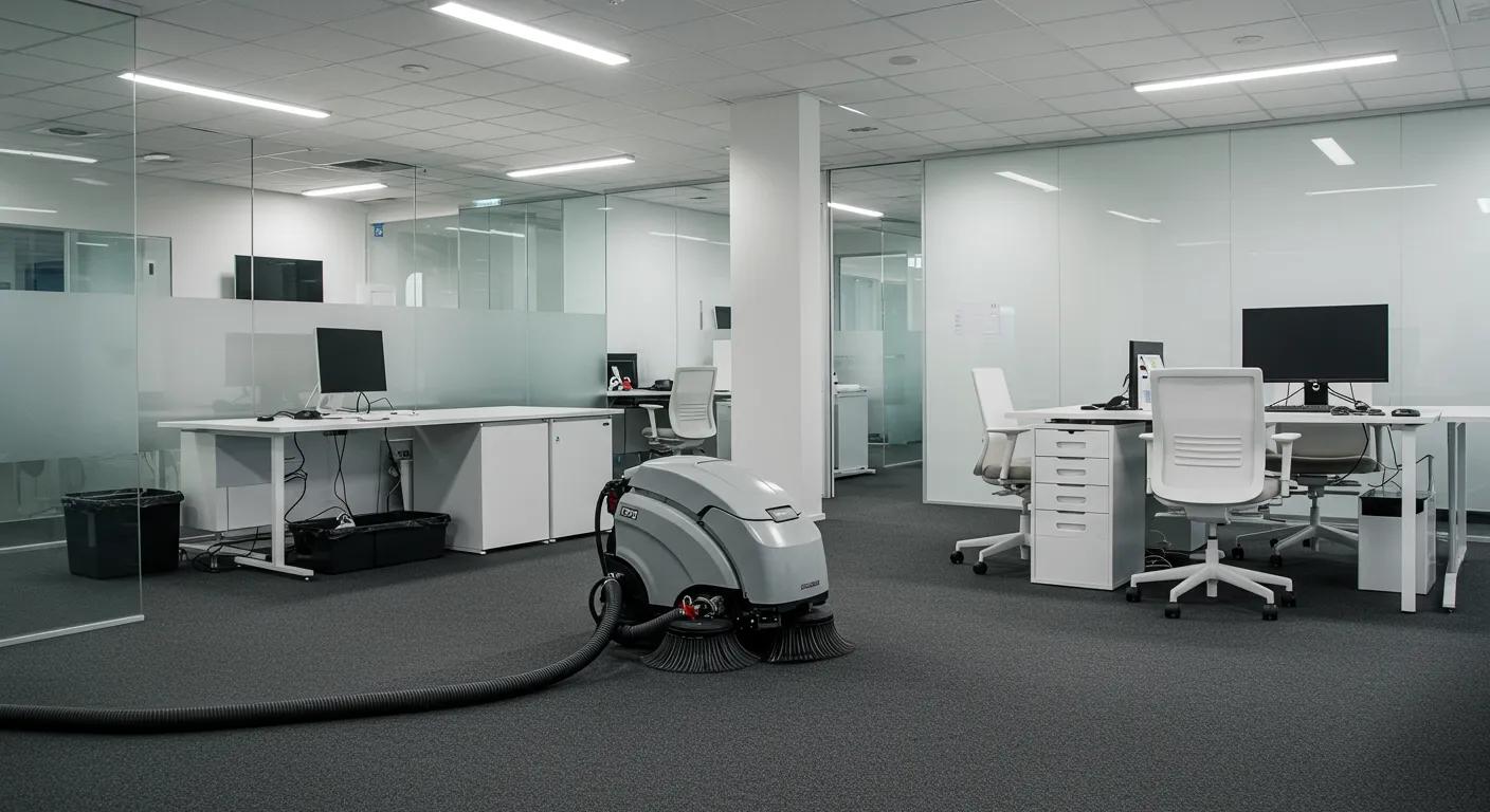 a modern office workspace features a sleek, professional carpet being meticulously cleaned by a high-tech machine, highlighting the importance of careful evaluation in choosing commercial carpet cleaning options.
