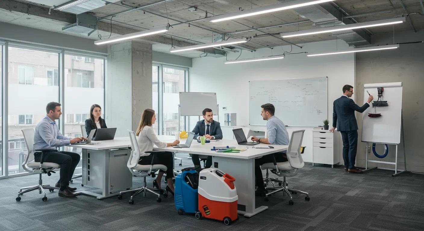 a modern office space showcases a team engaged in a dynamic meeting, surrounded by sleek furniture and cleaning equipment, emphasizing the importance of customized and flexible office cleaning plans tailored to diverse business needs.