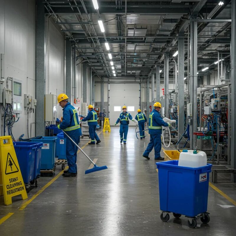 Industrial cleaning compliance with workers in safety gear and cleaning equipment in a clean facility