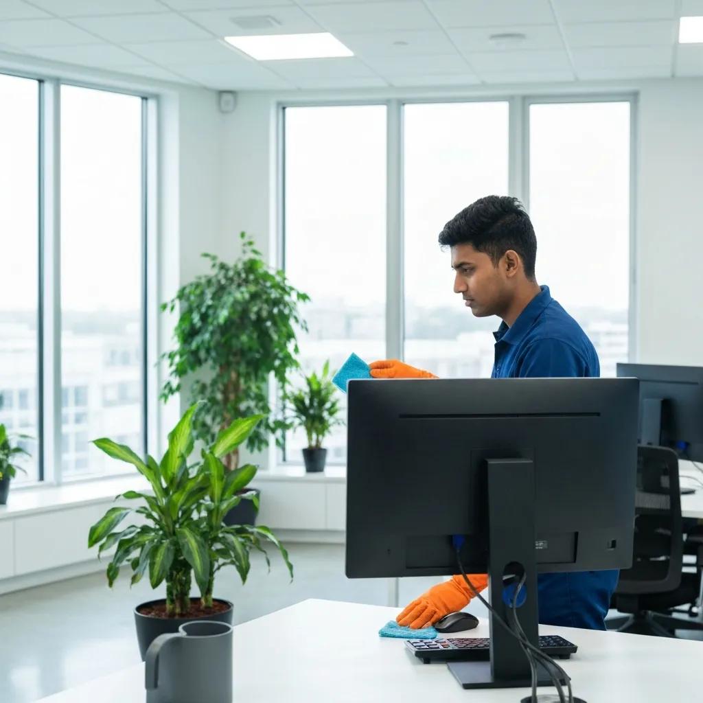 Professional cleaner in a bright office space, emphasizing cleanliness and organization